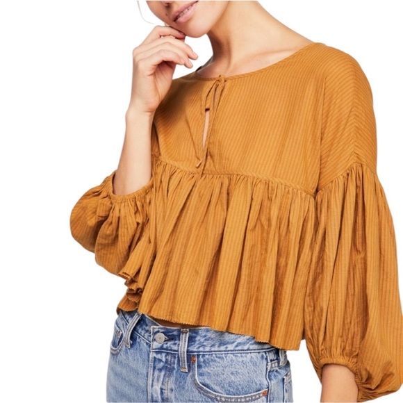 Free People Beaumont Mews Golden Boho Peasant Cotton Crop Top Mustard Size XS - Picture 1 of 13